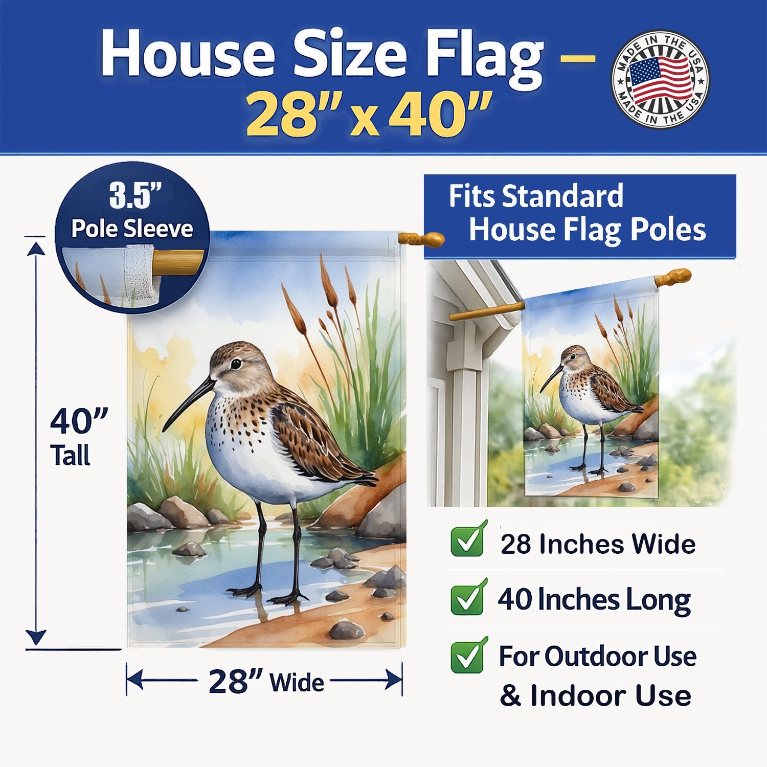 Dunlin Bird House Flag 28x40 Porch Sleeve Pole Decorative Outside Yard Banner Artwork Wall Hanging, Polyester