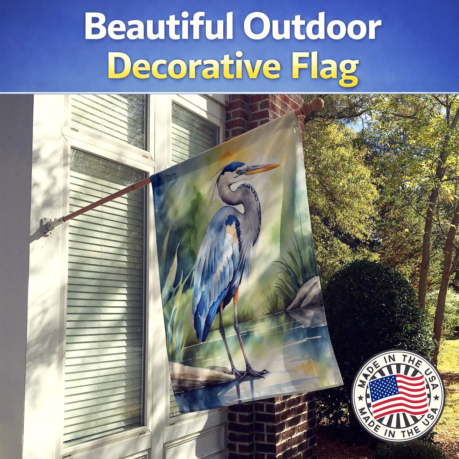 Great Blue Heron Bird House Flag 28x40 Porch Sleeve Pole Decorative Outside Yard Banner Artwork Wall Hanging, Polyester