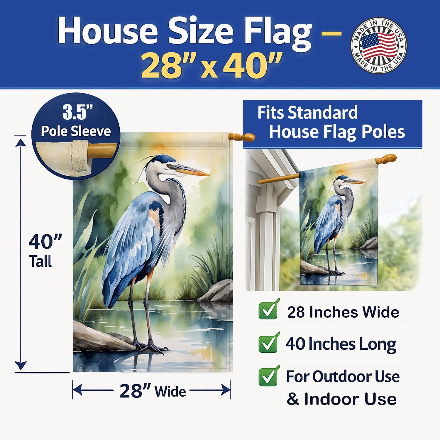 Great Blue Heron Bird House Flag 28x40 Porch Sleeve Pole Decorative Outside Yard Banner Artwork Wall Hanging, Polyester