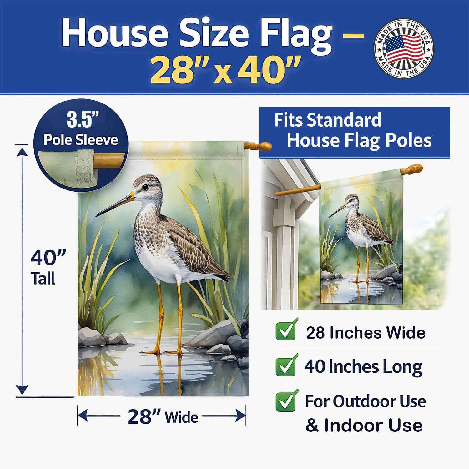 Greater Yellowlegs Bird House Flag 28x40 Porch Sleeve Pole Decorative Outside Yard Banner Artwork Wall Hanging, Polyester