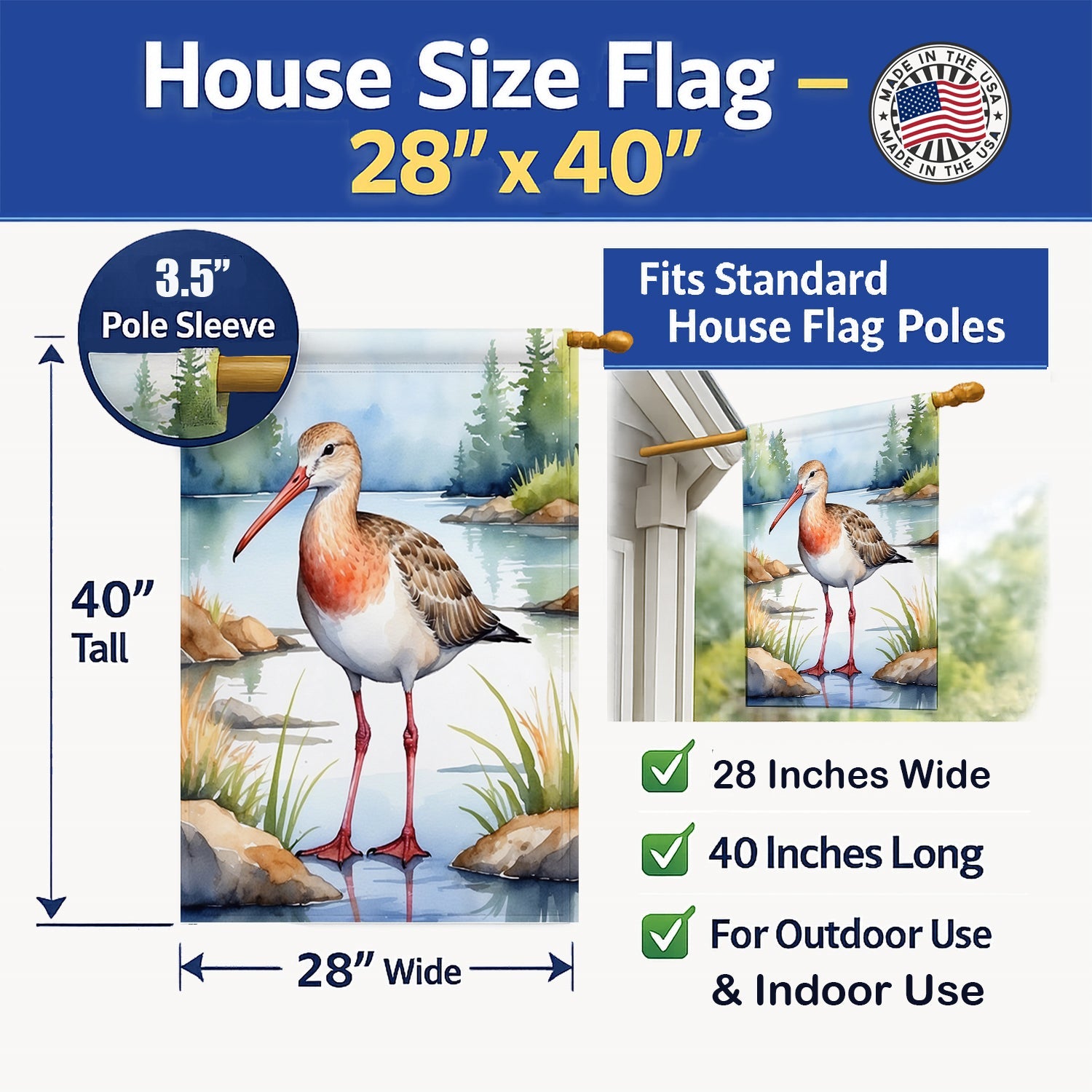Hudsonian Godwit Bird House Flag 28x40 Porch Sleeve Pole Decorative Outside Yard Banner Artwork Wall Hanging, Polyester