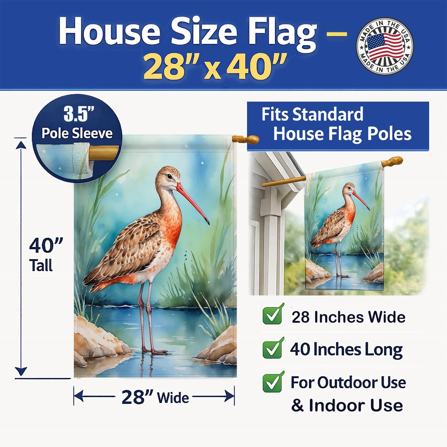 Marbled Godwit Bird House Flag 28x40 Porch Sleeve Pole Decorative Outside Yard Banner Artwork Wall Hanging, Polyester