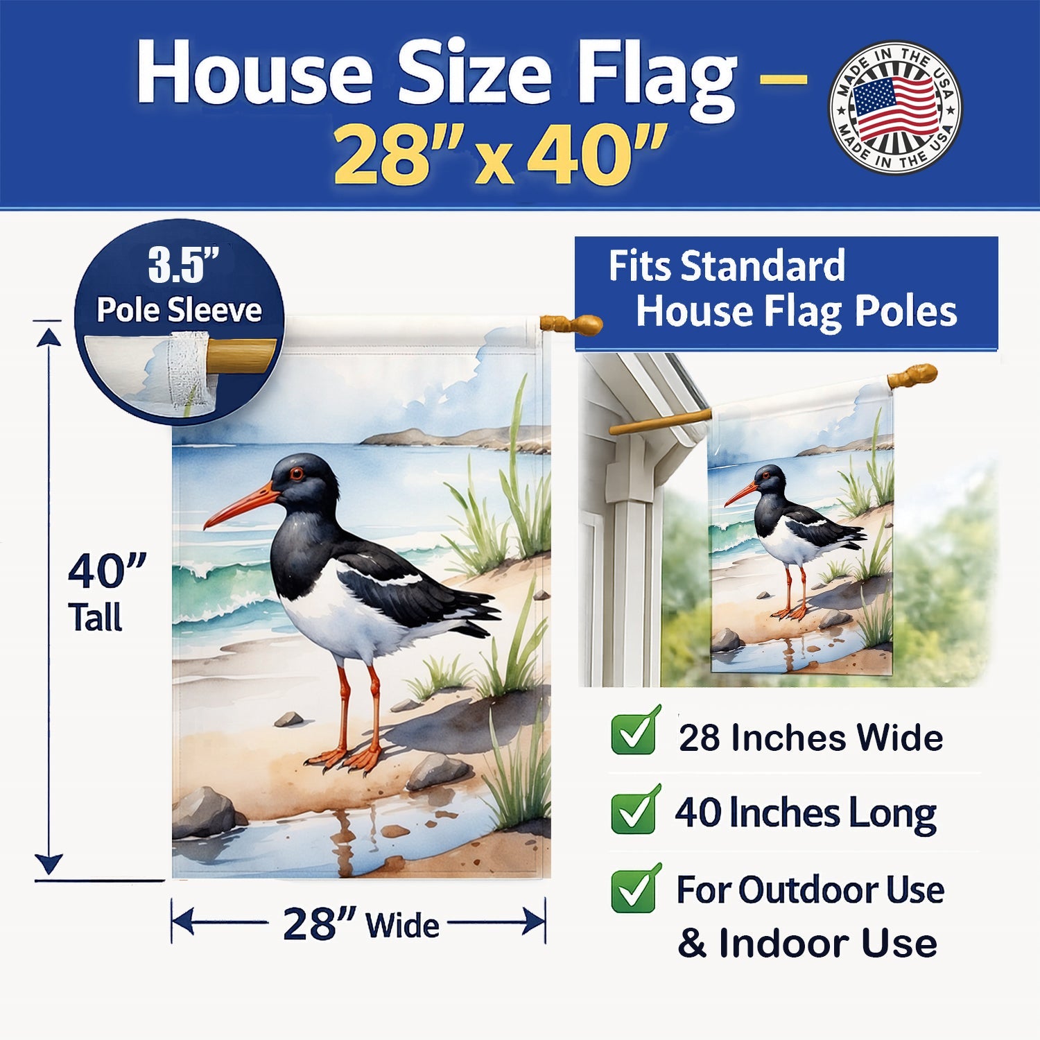 Oystercatcher Bird House Flag 28x40 Porch Sleeve Pole Decorative Outside Yard Banner Artwork Wall Hanging, Polyester