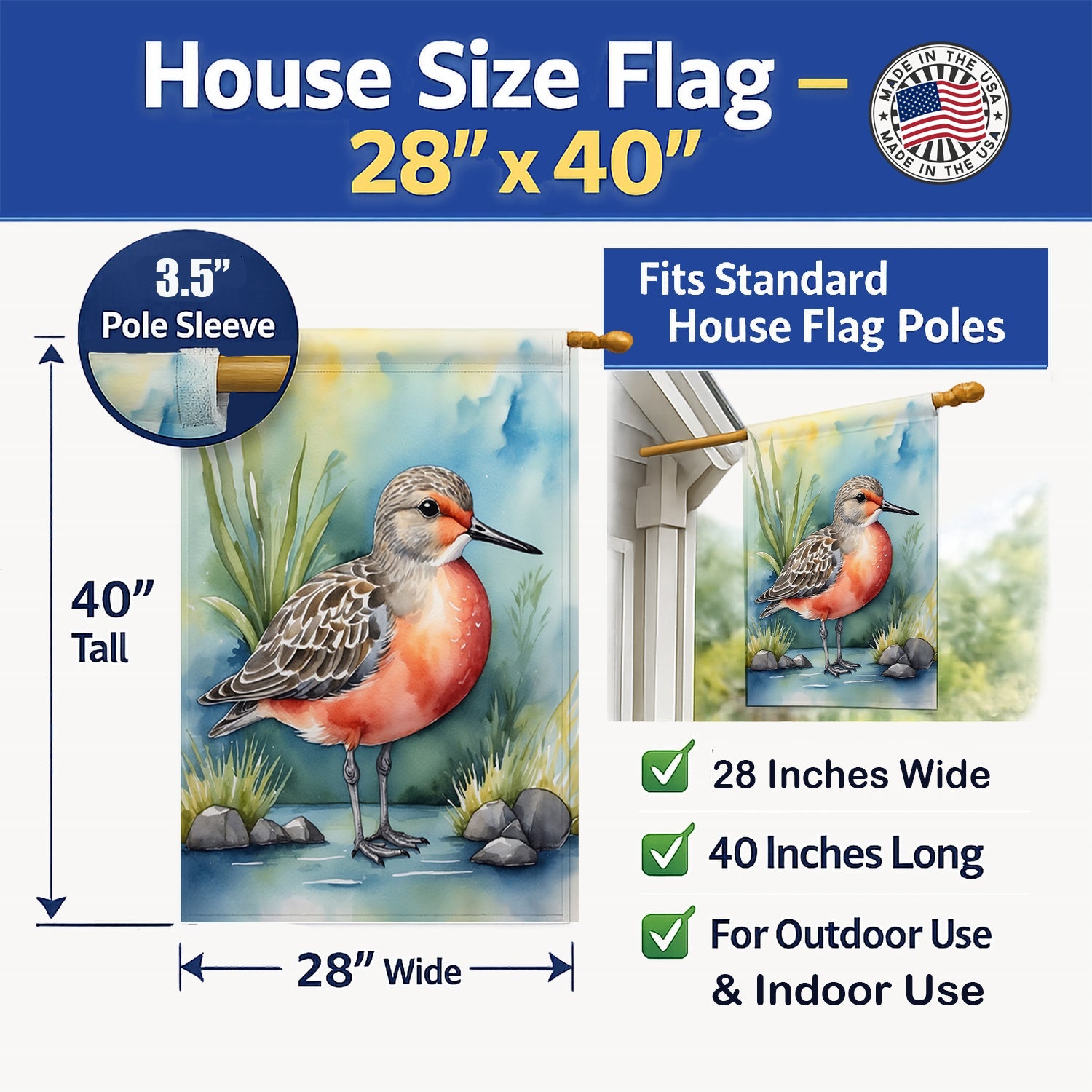 Red Knot Bird House Flag 28x40 Porch Sleeve Pole Decorative Outside Yard Banner Artwork Wall Hanging, Polyester