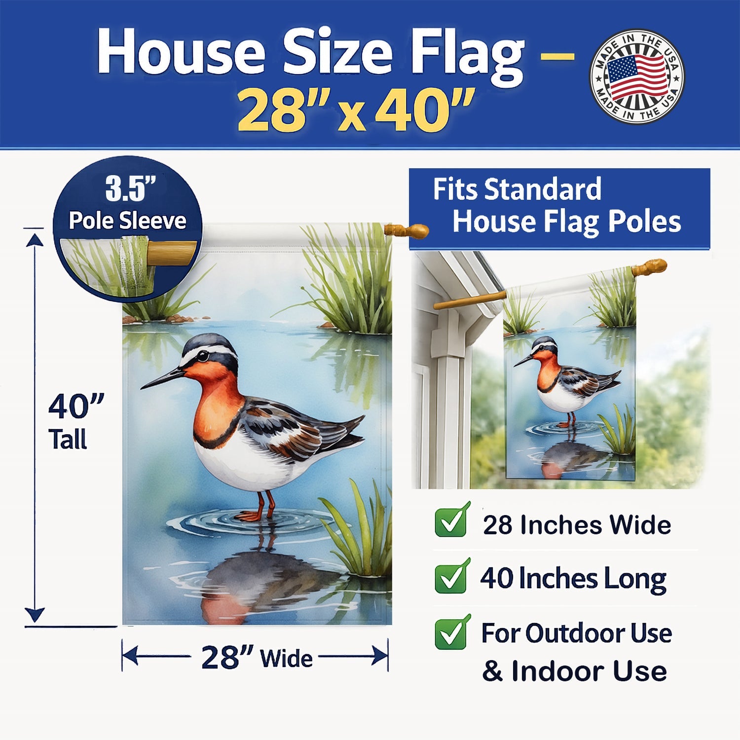 Red-necked Phalarope Bird House Flag 28x40 Porch Sleeve Pole Decorative Outside Yard Banner Artwork Wall Hanging, Polyester