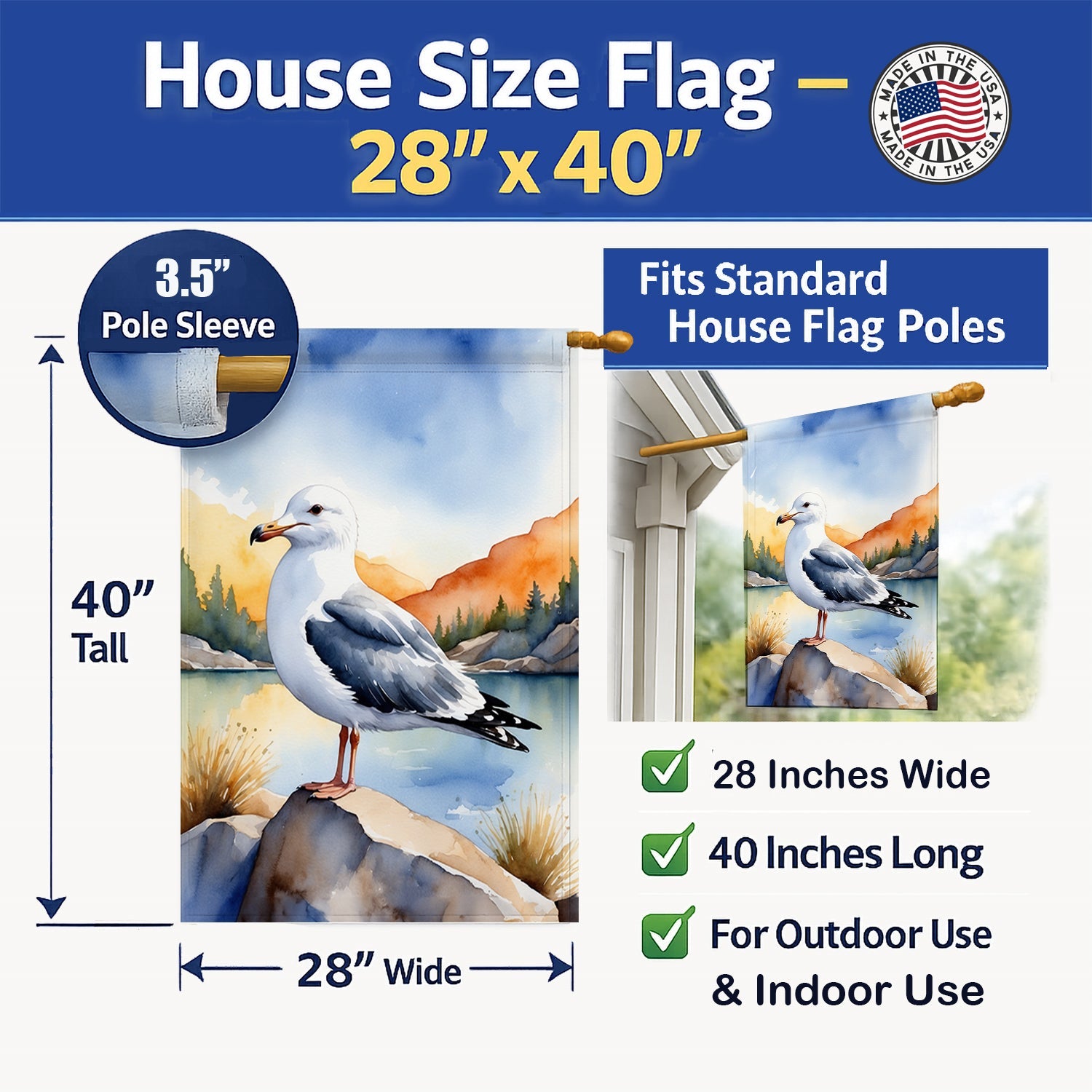 Seagull Bird House Flag 28x40 Porch Sleeve Pole Decorative Outside Yard Banner Artwork Wall Hanging, Polyester