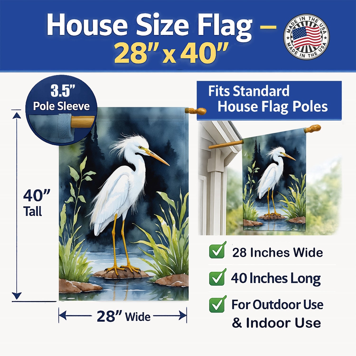Snowy Egret Bird House Flag 28x40 Porch Sleeve Pole Decorative Outside Yard Banner Artwork Wall Hanging, Polyester