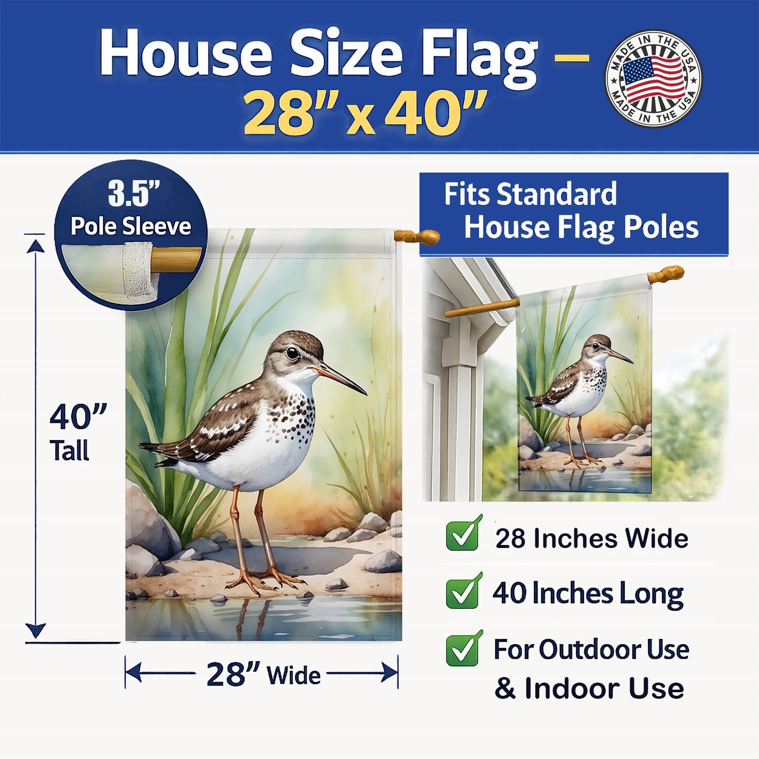 Spotted Sandpiper Bird House Flag 28x40 Porch Sleeve Pole Decorative Outside Yard Banner Artwork Wall Hanging, Polyester