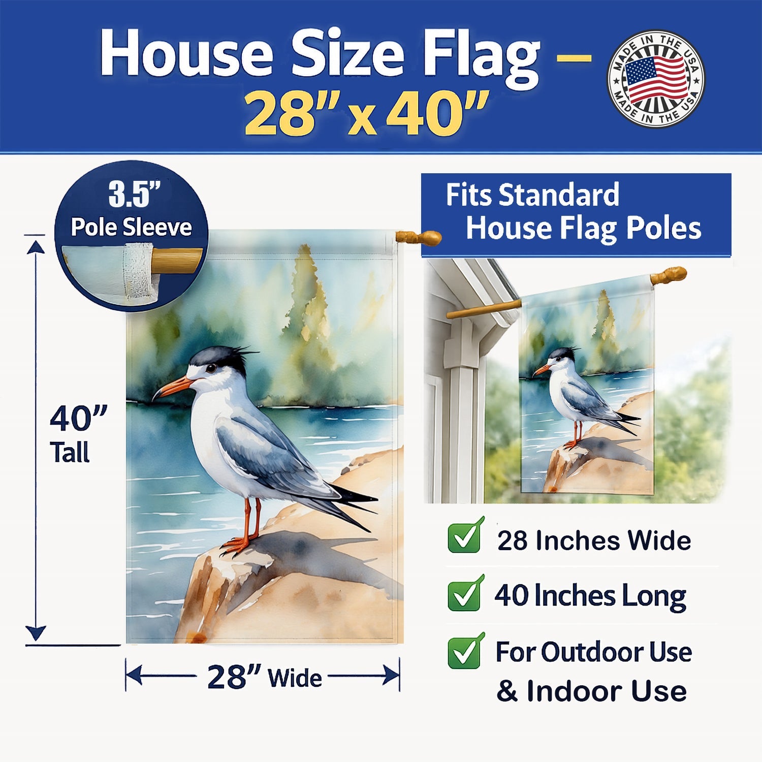 Tern Bird House Flag 28x40 Porch Sleeve Pole Decorative Outside Yard Banner Artwork Wall Hanging, Polyester
