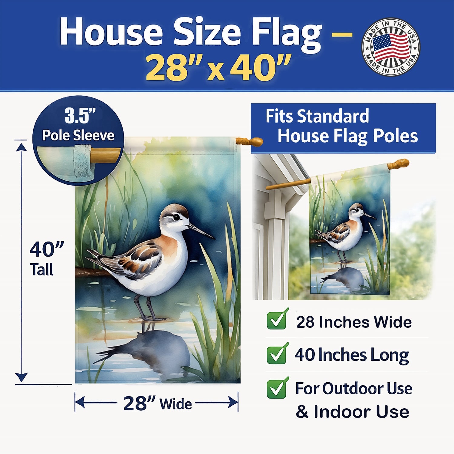 Wilson's Phalarope Bird House Flag 28x40 Porch Sleeve Pole Decorative Outside Yard Banner Artwork Wall Hanging, Polyester
