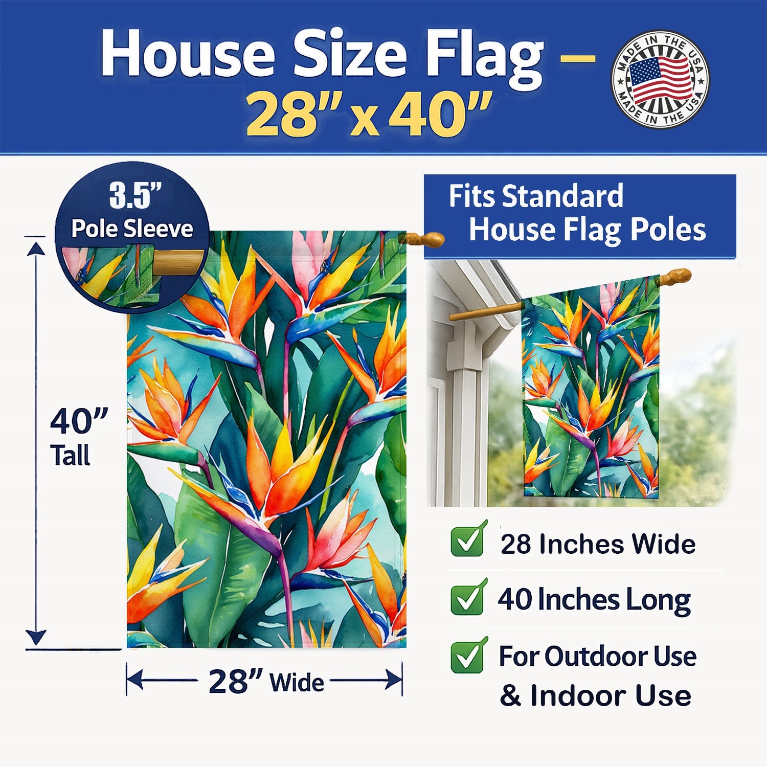 Bird of Paradise House Flag 28x40 Porch Sleeve Pole Decorative Outside Yard Banner Artwork Wall Hanging, Polyester