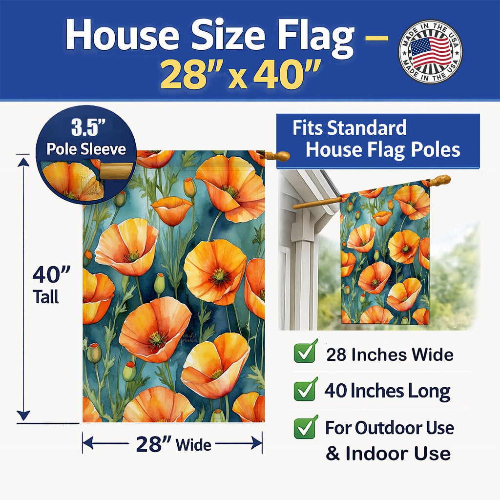 California Poppies House Flag 28x40 Porch Sleeve Pole Decorative Outside Yard Banner Artwork Wall Hanging, Polyester