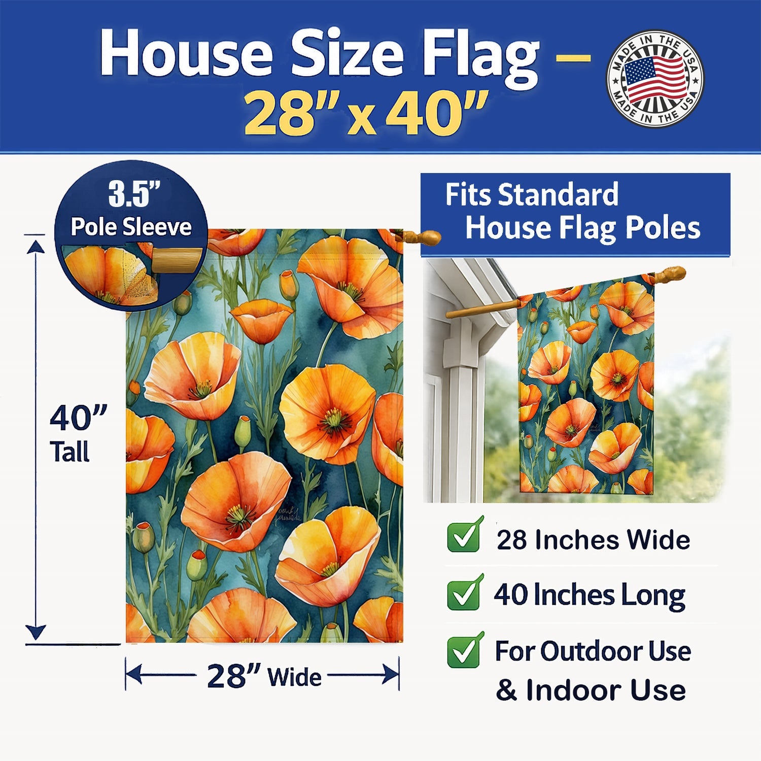 California Poppies House Flag 28x40 Porch Sleeve Pole Decorative Outside Yard Banner Artwork Wall Hanging, Polyester
