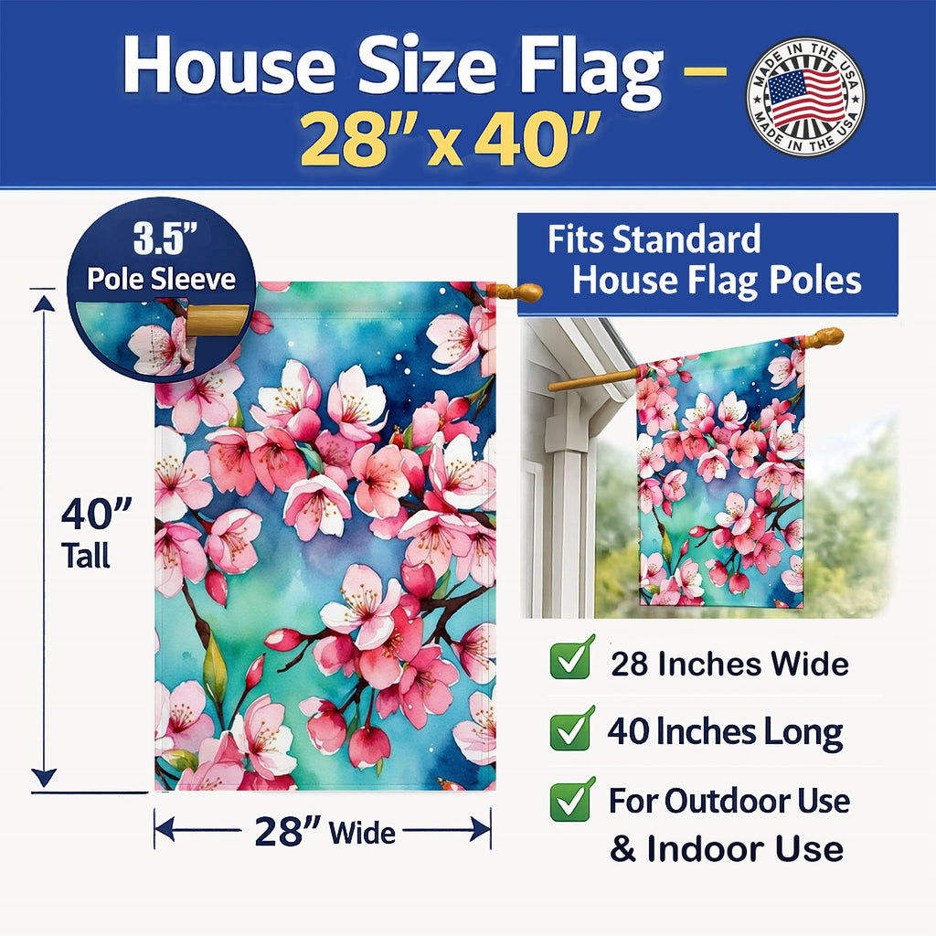 Cherry Blossoms House Flag 28x40 Porch Sleeve Pole Decorative Outside Yard Banner Artwork Wall Hanging, Polyester