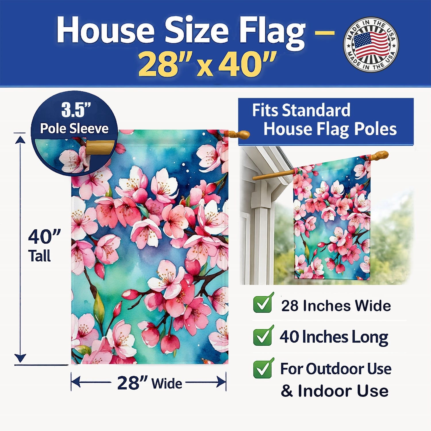 Cherry Blossoms House Flag 28x40 Porch Sleeve Pole Decorative Outside Yard Banner Artwork Wall Hanging, Polyester