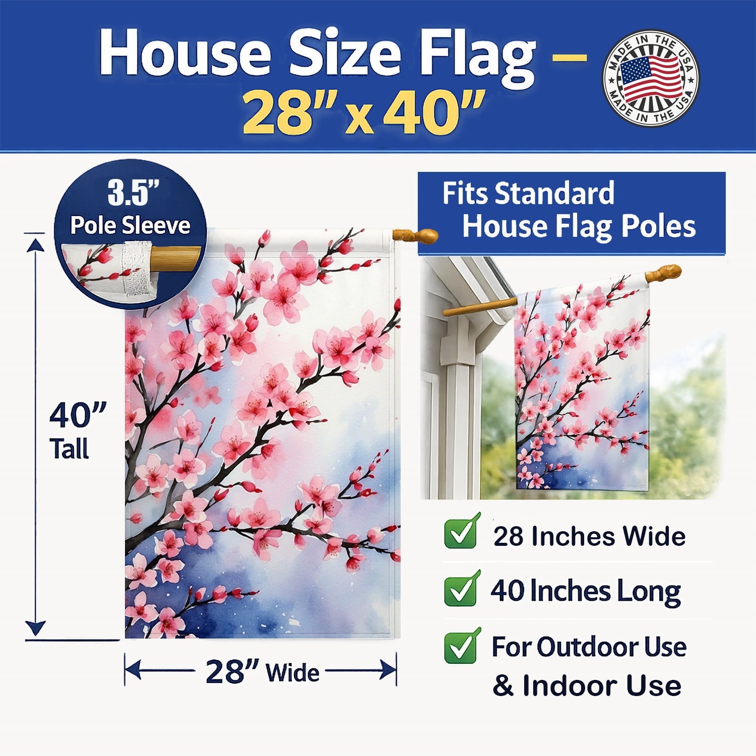 Cherry Blossoms House Flag 28x40 Porch Sleeve Pole Decorative Outside Yard Banner Artwork Wall Hanging, Polyester