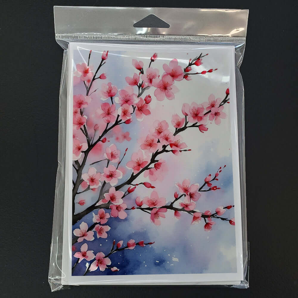 Cherry Blossoms Greeting Cards Pack of 8 Blank Cards with Envelopes Whimsical A7 Size 5x7