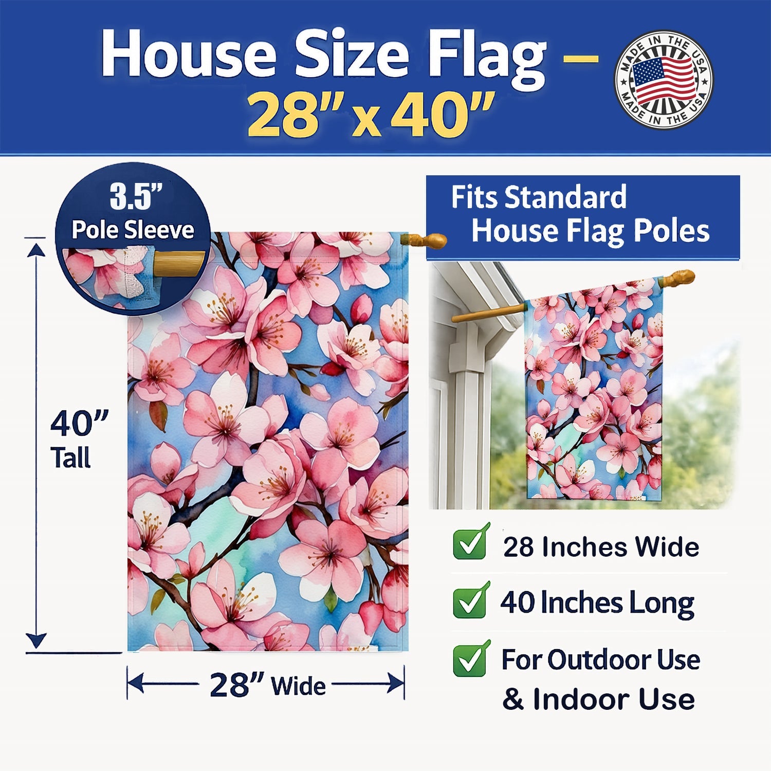 Cherry Blossoms House Flag 28x40 Porch Sleeve Pole Decorative Outside Yard Banner Artwork Wall Hanging, Polyester
