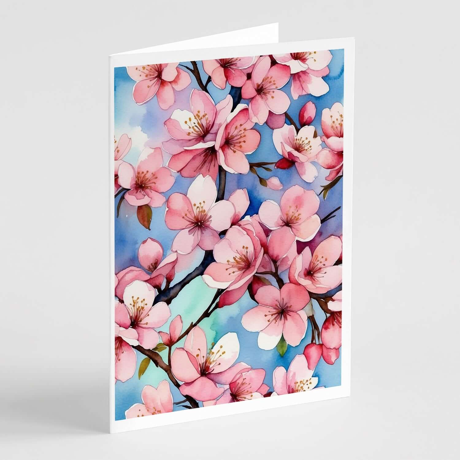 Cherry Blossoms Greeting Cards Pack of 8 Blank Cards with Envelopes Whimsical A7 Size 5x7
