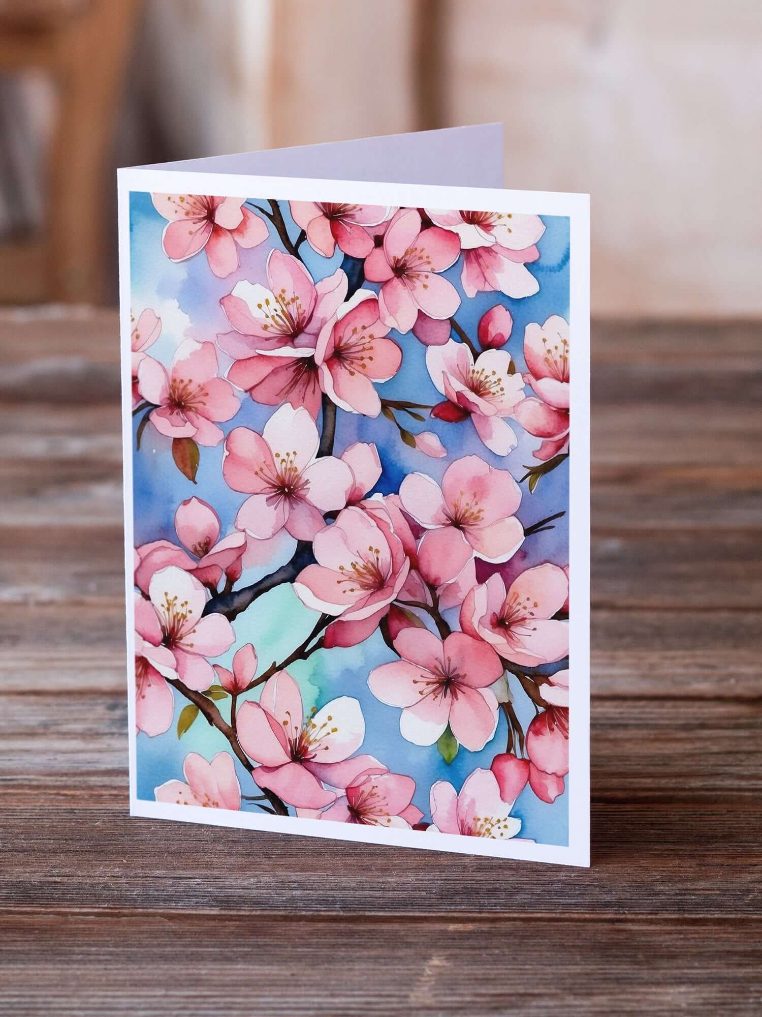 Cherry Blossoms Greeting Cards Pack of 8 Blank Cards with Envelopes Whimsical A7 Size 5x7