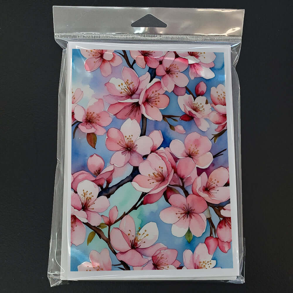 Cherry Blossoms Greeting Cards Pack of 8 Blank Cards with Envelopes Whimsical A7 Size 5x7