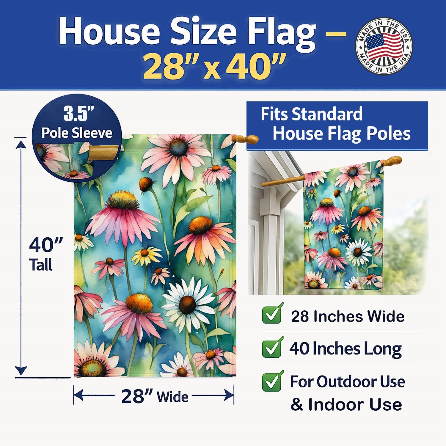 Coneflowers House Flag 28x40 Porch Sleeve Pole Decorative Outside Yard Banner Artwork Wall Hanging, Polyester