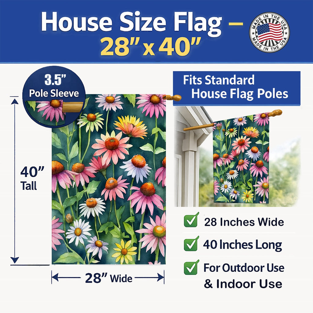 Coneflowers House Flag 28x40 Porch Sleeve Pole Decorative Outside Yard Banner Artwork Wall Hanging, Polyester