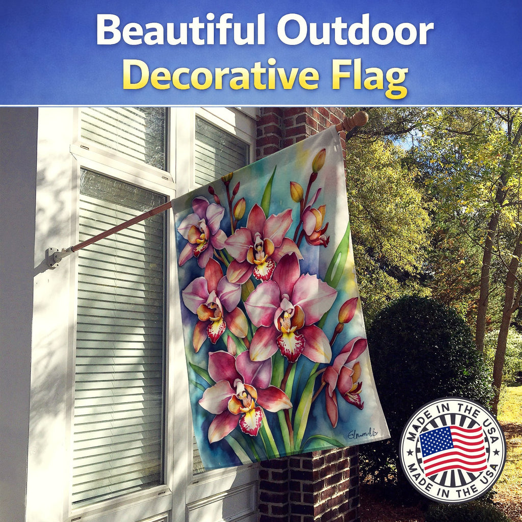 Cymbidium Orchids House Flag 28x40 Porch Sleeve Pole Decorative Outside Yard Banner Artwork Wall Hanging, Polyester
