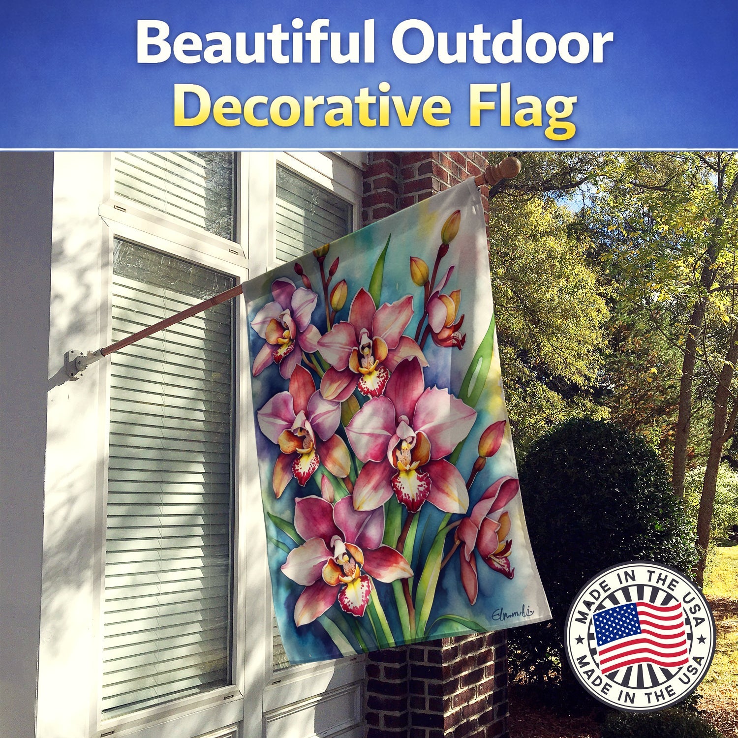 Cymbidium Orchids House Flag 28x40 Porch Sleeve Pole Decorative Outside Yard Banner Artwork Wall Hanging, Polyester