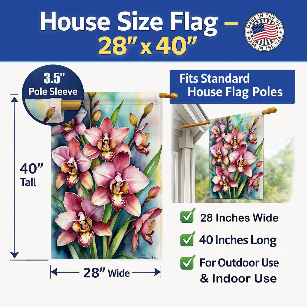 Cymbidium Orchids House Flag 28x40 Porch Sleeve Pole Decorative Outside Yard Banner Artwork Wall Hanging, Polyester