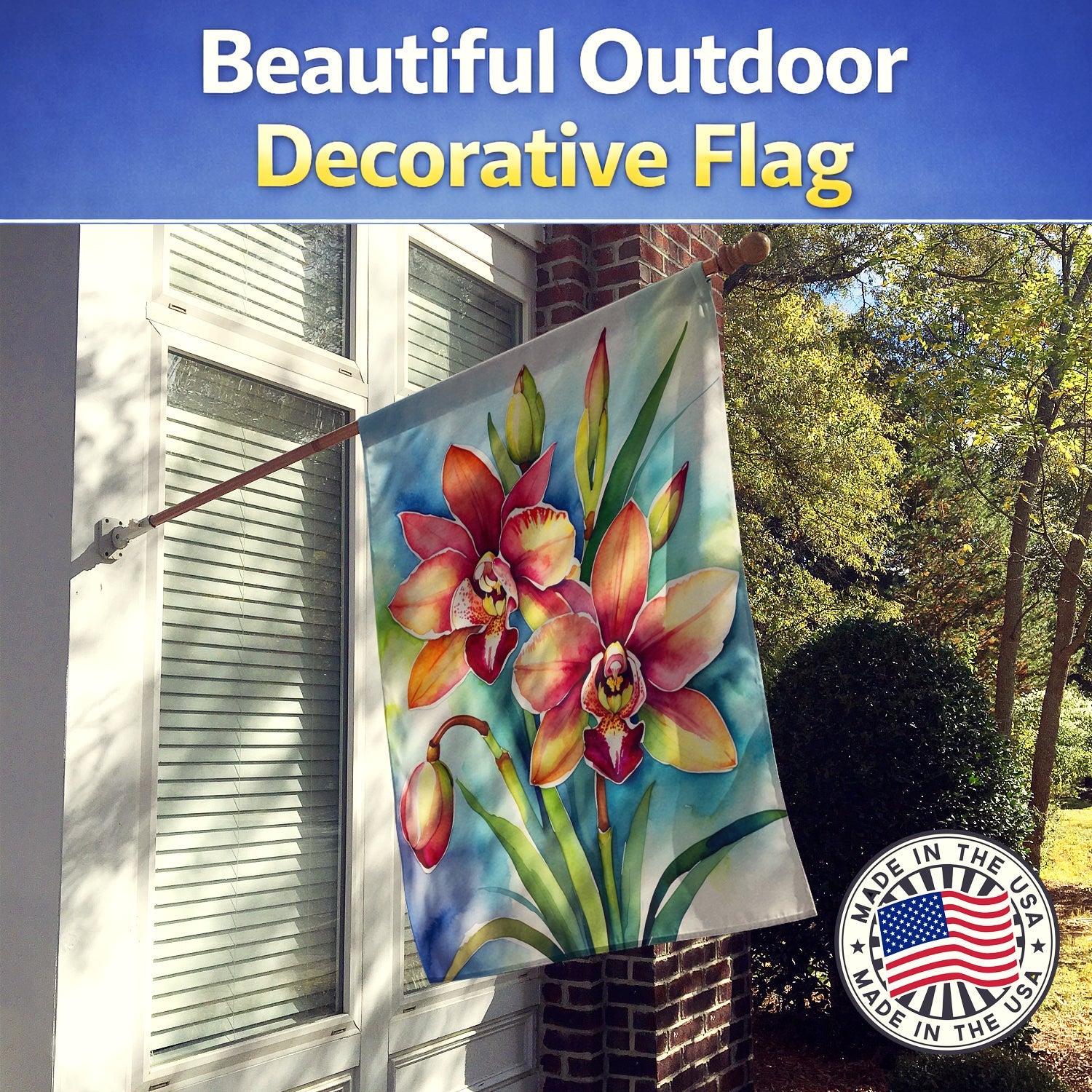 Cymbidium Orchids House Flag 28x40 Porch Sleeve Pole Decorative Outside Yard Banner Artwork Wall Hanging, Polyester