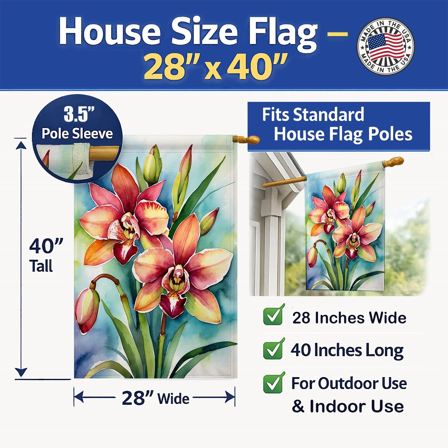 Cymbidium Orchids House Flag 28x40 Porch Sleeve Pole Decorative Outside Yard Banner Artwork Wall Hanging, Polyester