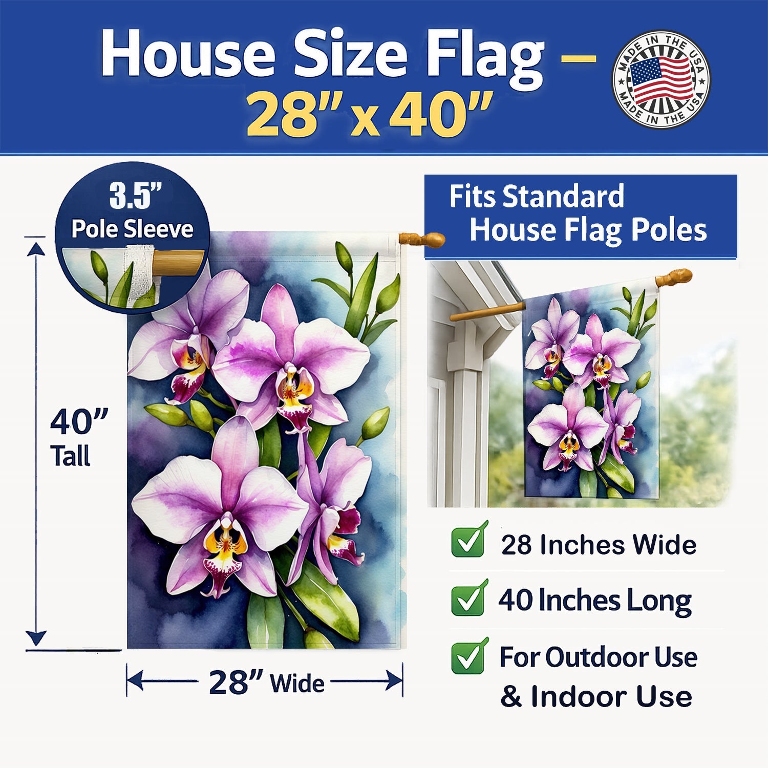 Dendrobium Orchids House Flag 28x40 Porch Sleeve Pole Decorative Outside Yard Banner Artwork Wall Hanging, Polyester