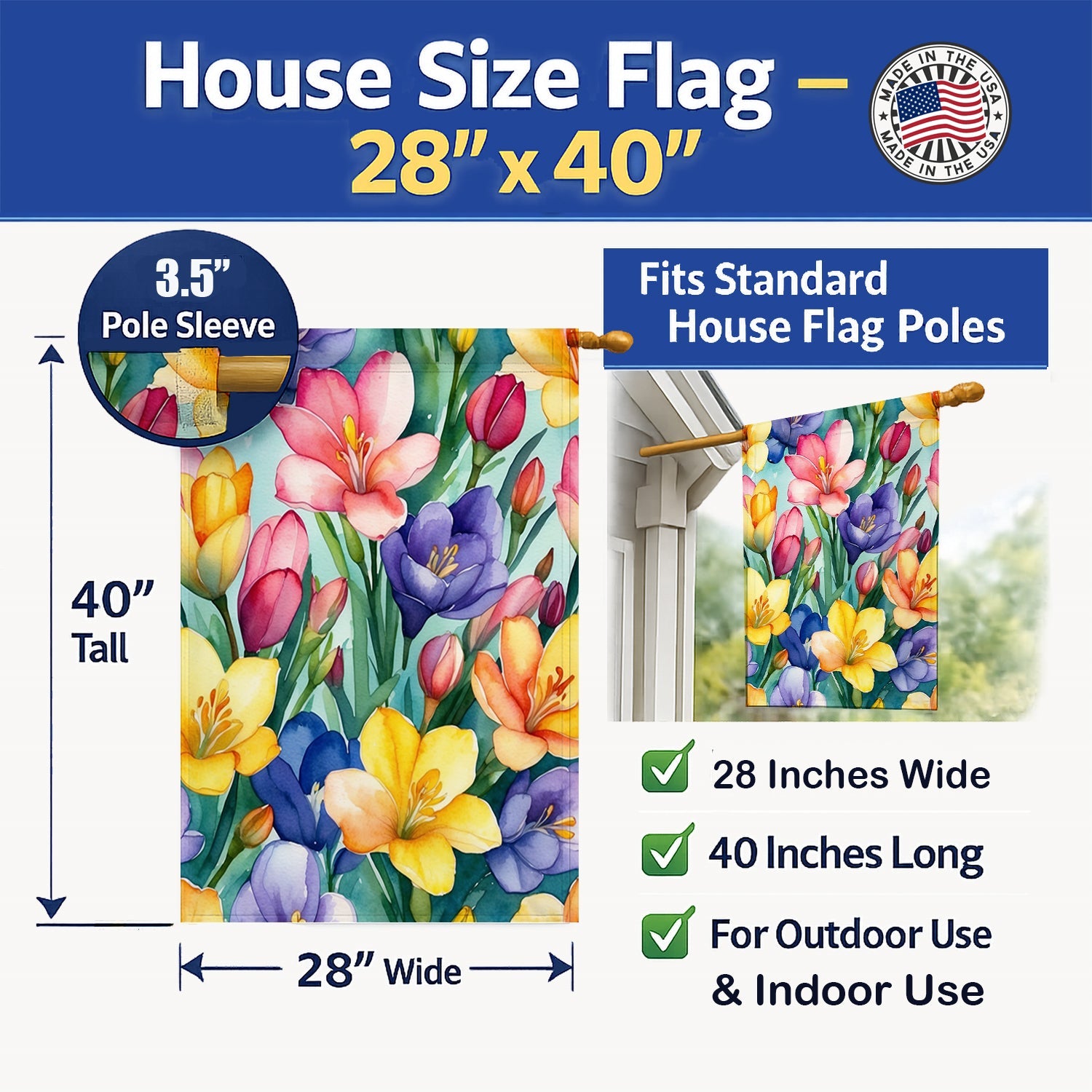 Freesia Flowers House Flag 28x40 Porch Sleeve Pole Decorative Outside Yard Banner Artwork Wall Hanging, Polyester