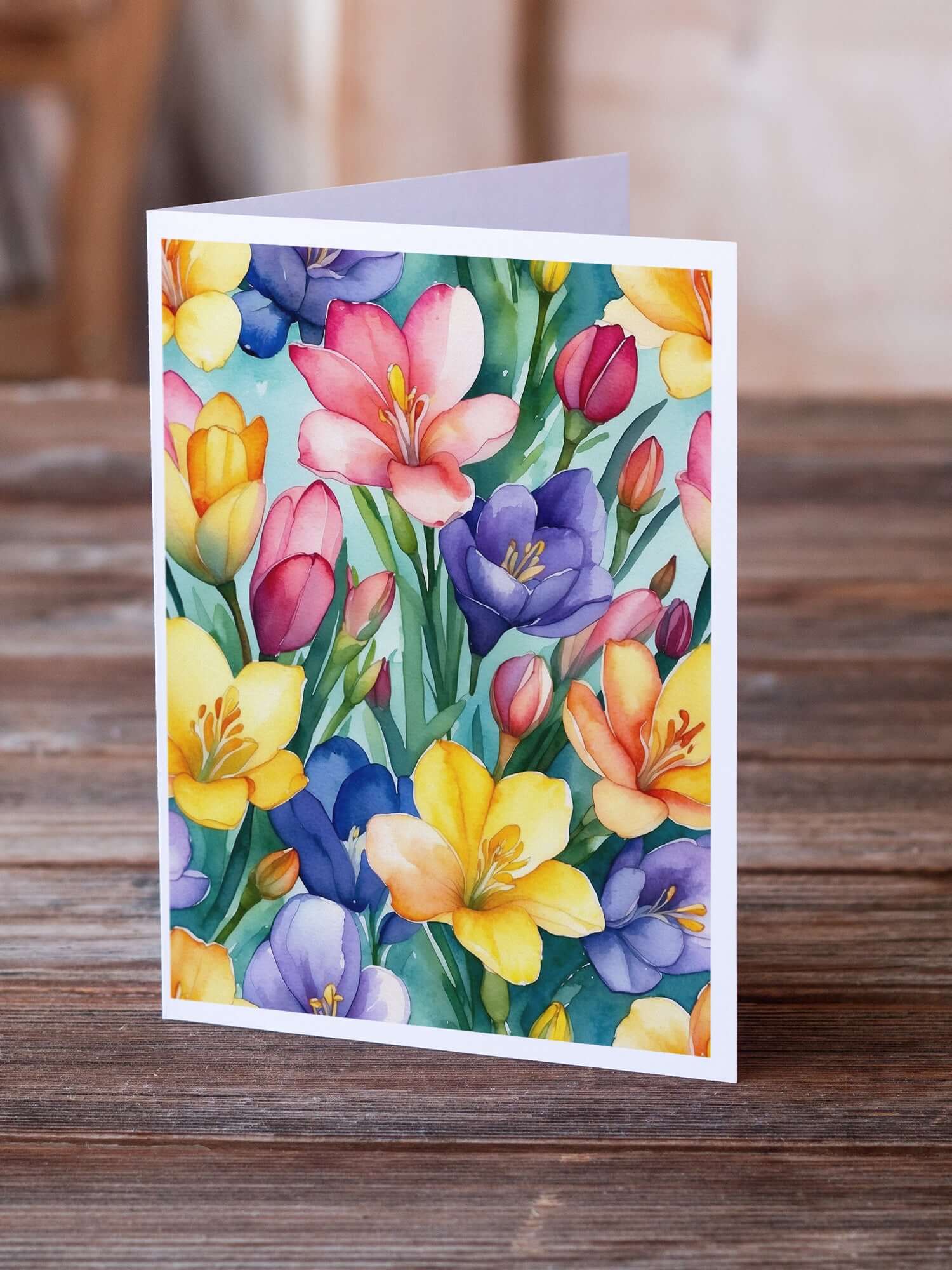 Freesia Flowers Greeting Cards Pack of 8 Blank Cards with Envelopes Whimsical A7 Size 5x7