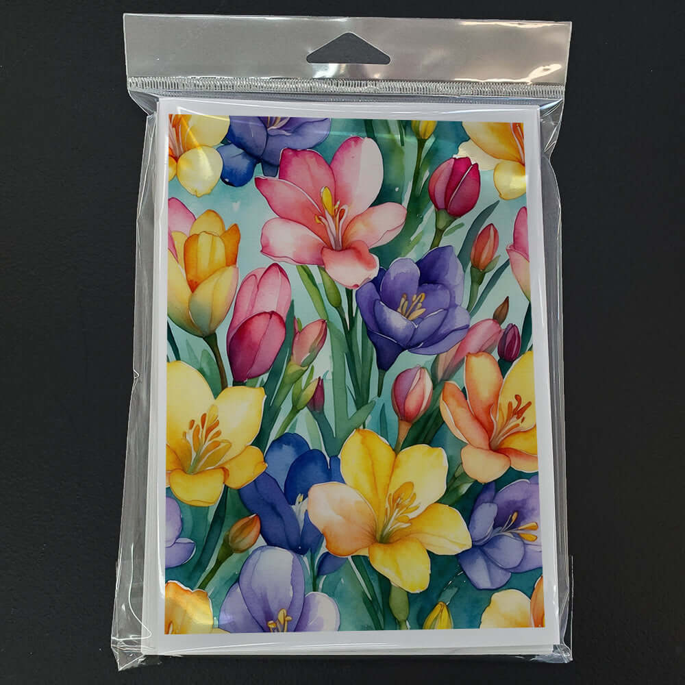Freesia Flowers Greeting Cards Pack of 8 Blank Cards with Envelopes Whimsical A7 Size 5x7
