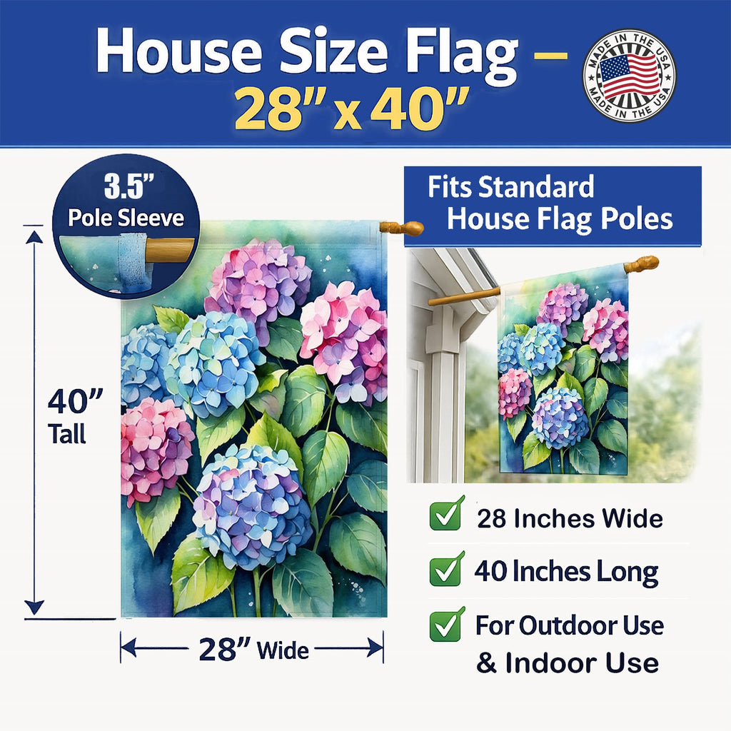 Hydrangeas House Flag 28x40 Porch Sleeve Pole Decorative Outside Yard Banner Artwork Wall Hanging, Polyester