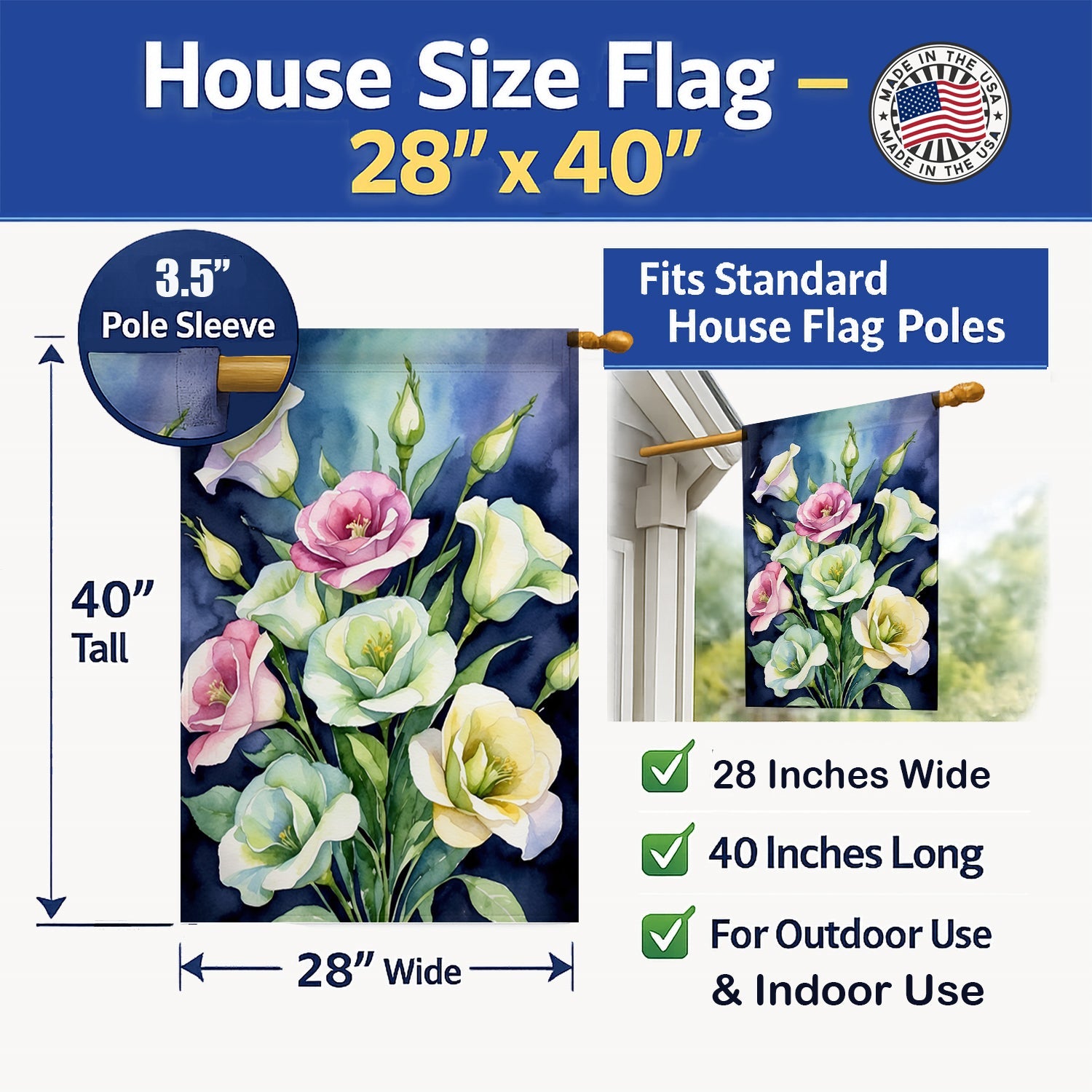 Lisianthus Flowers House Flag 28x40 Porch Sleeve Pole Decorative Outside Yard Banner Artwork Wall Hanging, Polyester