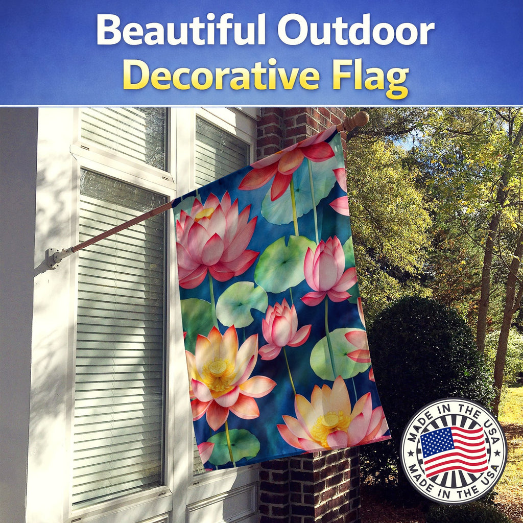 Lotus Flowers House Flag 28x40 Porch Sleeve Pole Decorative Outside Yard Banner Artwork Wall Hanging, Polyester