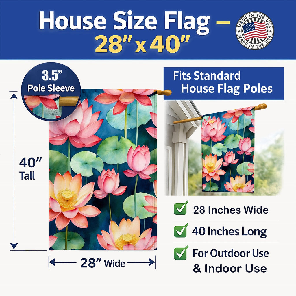 Lotus Flowers House Flag 28x40 Porch Sleeve Pole Decorative Outside Yard Banner Artwork Wall Hanging, Polyester