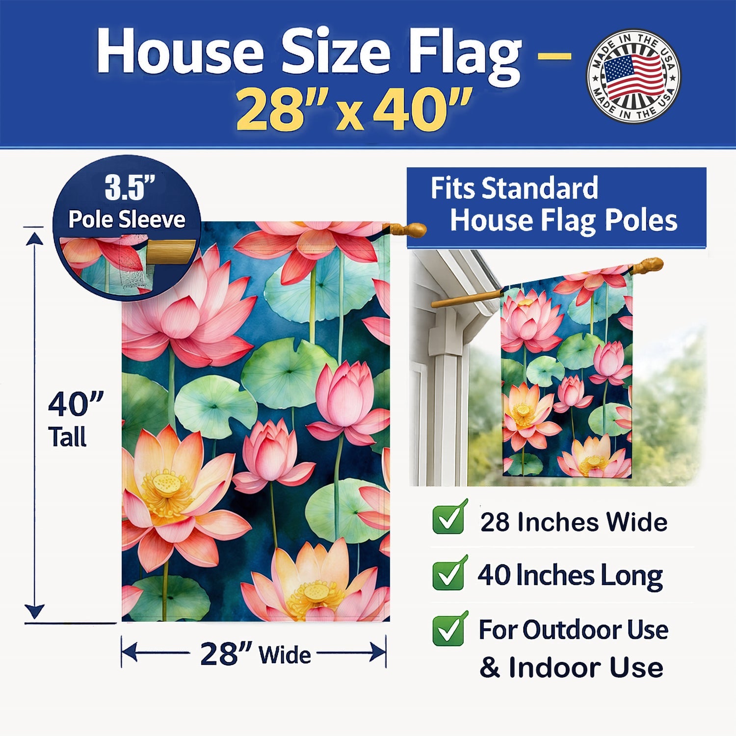 Lotus Flowers House Flag 28x40 Porch Sleeve Pole Decorative Outside Yard Banner Artwork Wall Hanging, Polyester