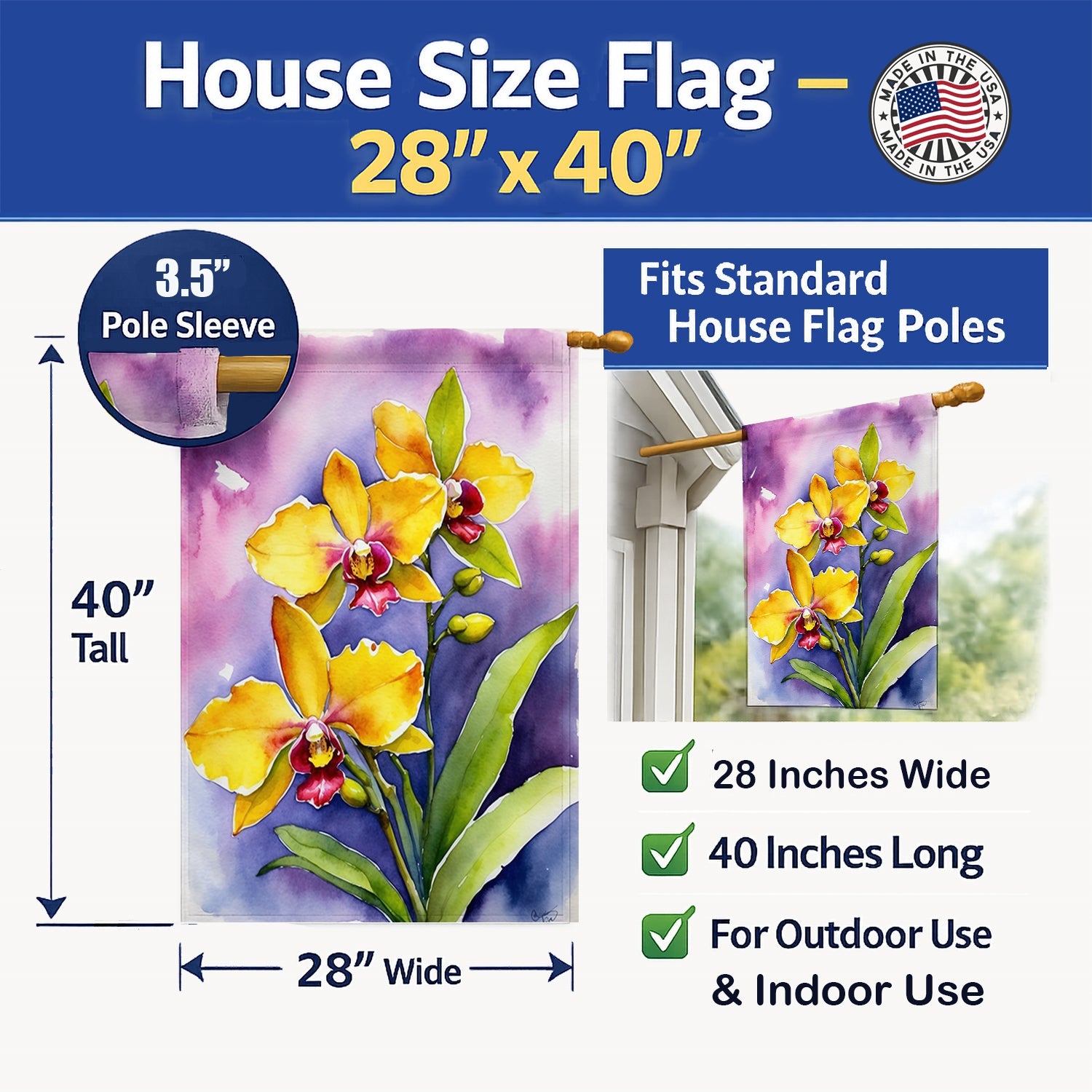 Oncidium Orchids House Flag 28x40 Porch Sleeve Pole Decorative Outside Yard Banner Artwork Wall Hanging, Polyester