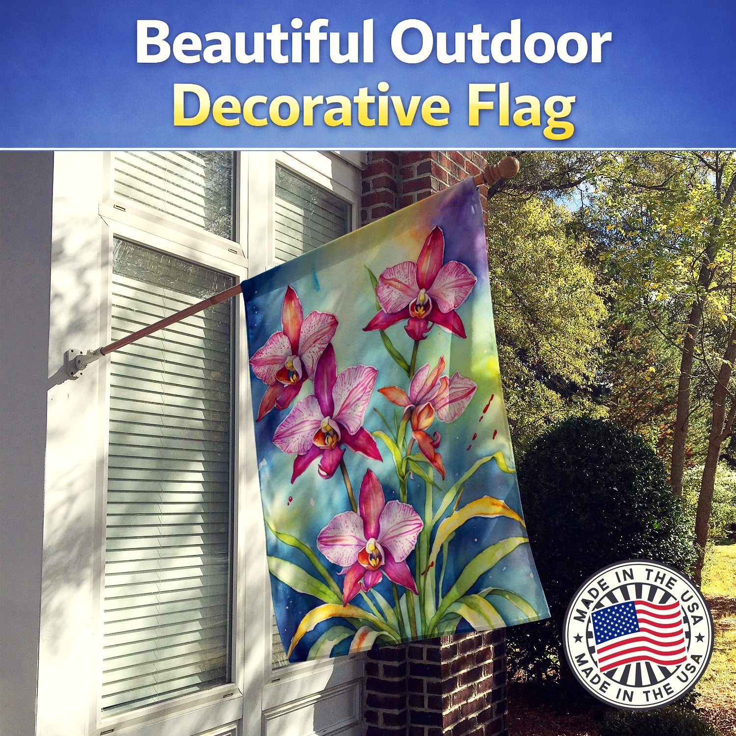 Orchids House Flag 28x40 Porch Sleeve Pole Decorative Outside Yard Banner Artwork Wall Hanging, Polyester