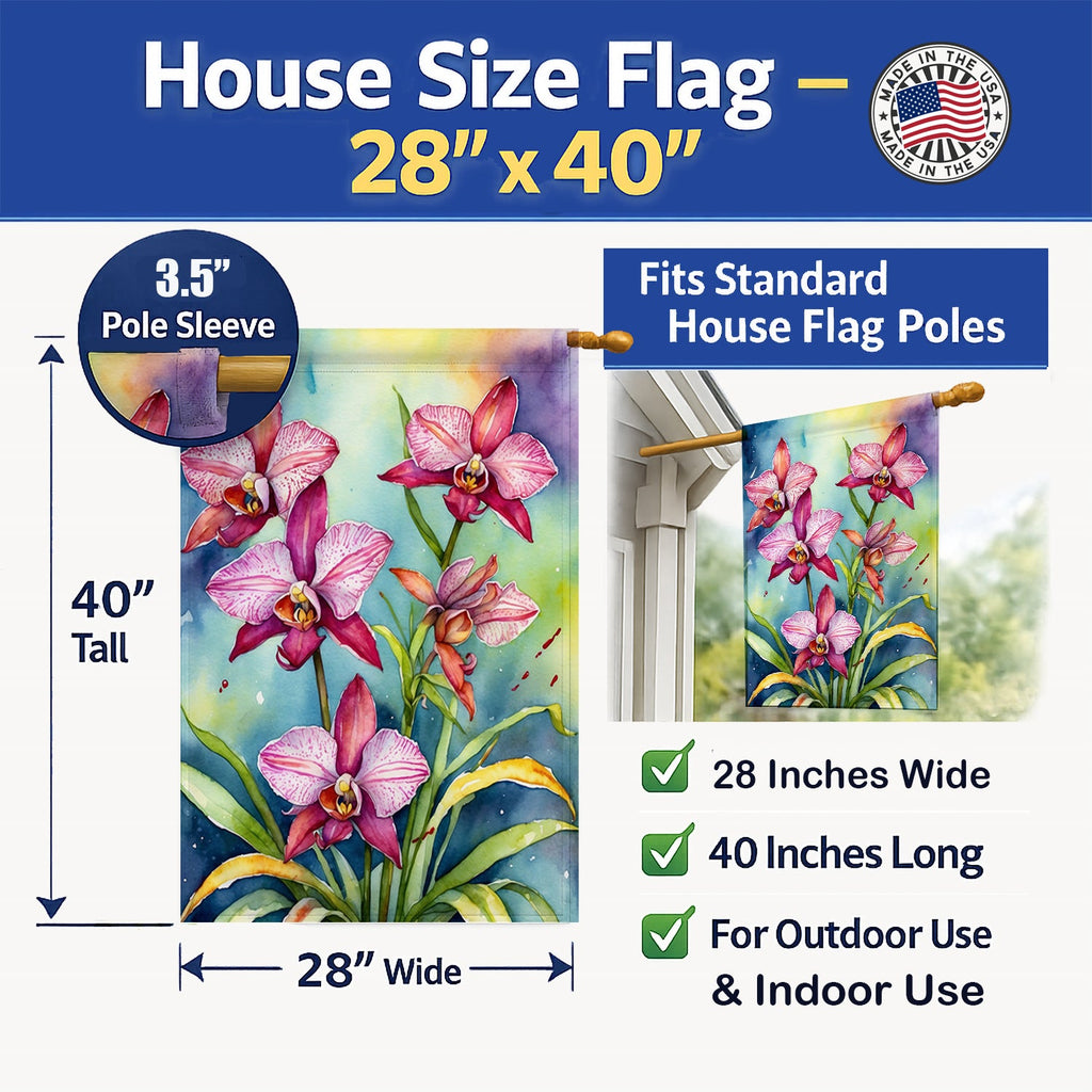 Orchids House Flag 28x40 Porch Sleeve Pole Decorative Outside Yard Banner Artwork Wall Hanging, Polyester