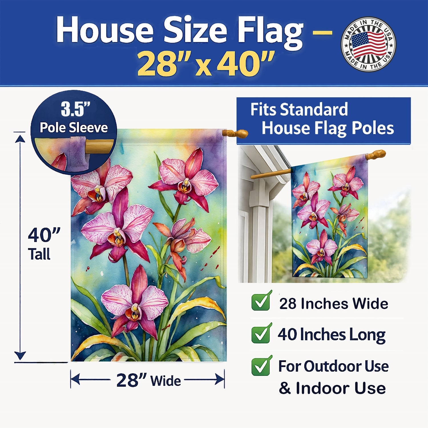 Orchids House Flag 28x40 Porch Sleeve Pole Decorative Outside Yard Banner Artwork Wall Hanging, Polyester