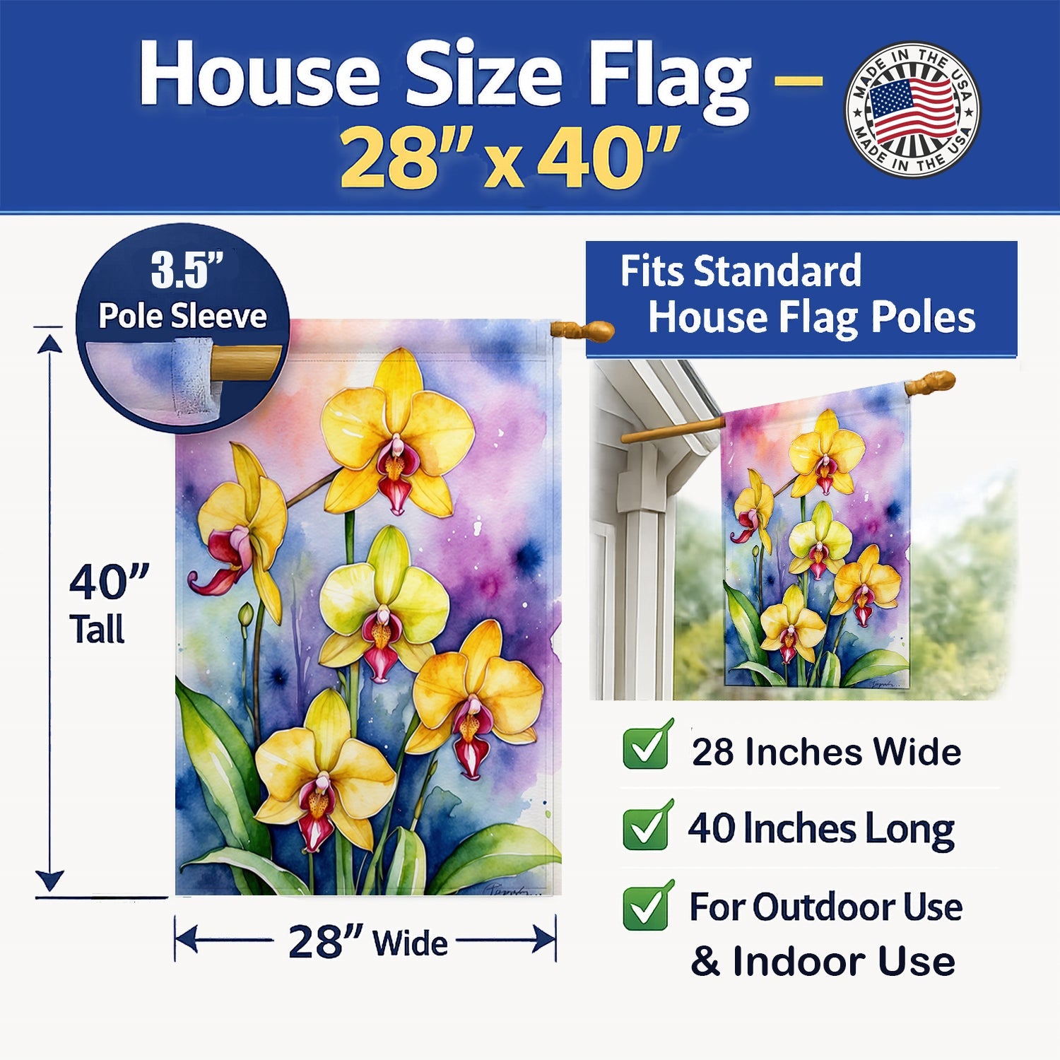 Paphiopedilum Orchids House Flag 28x40 Porch Sleeve Pole Decorative Outside Yard Banner Artwork Wall Hanging, Polyester