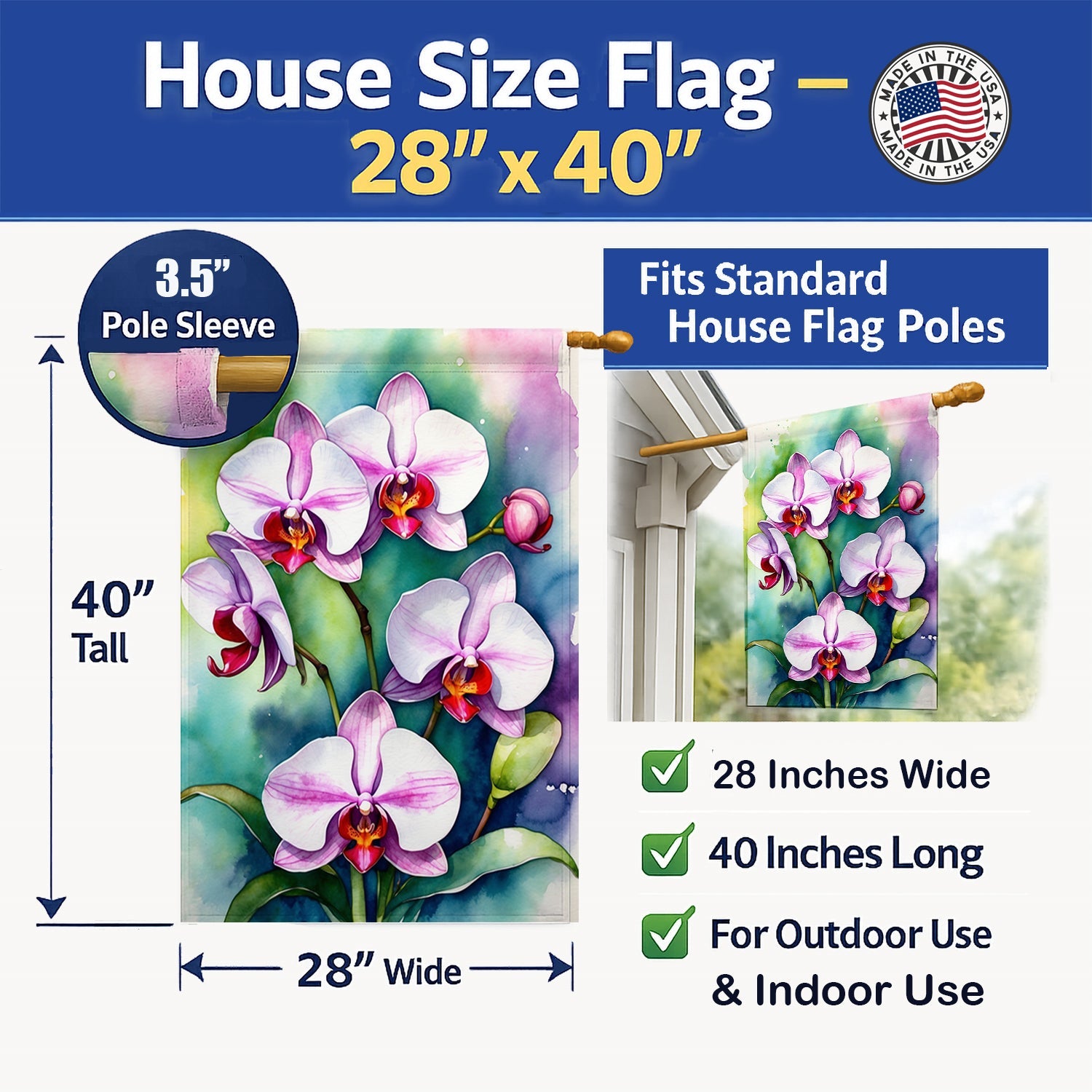 Phalaenopsis Orchids House Flag 28x40 Porch Sleeve Pole Decorative Outside Yard Banner Artwork Wall Hanging, Polyester