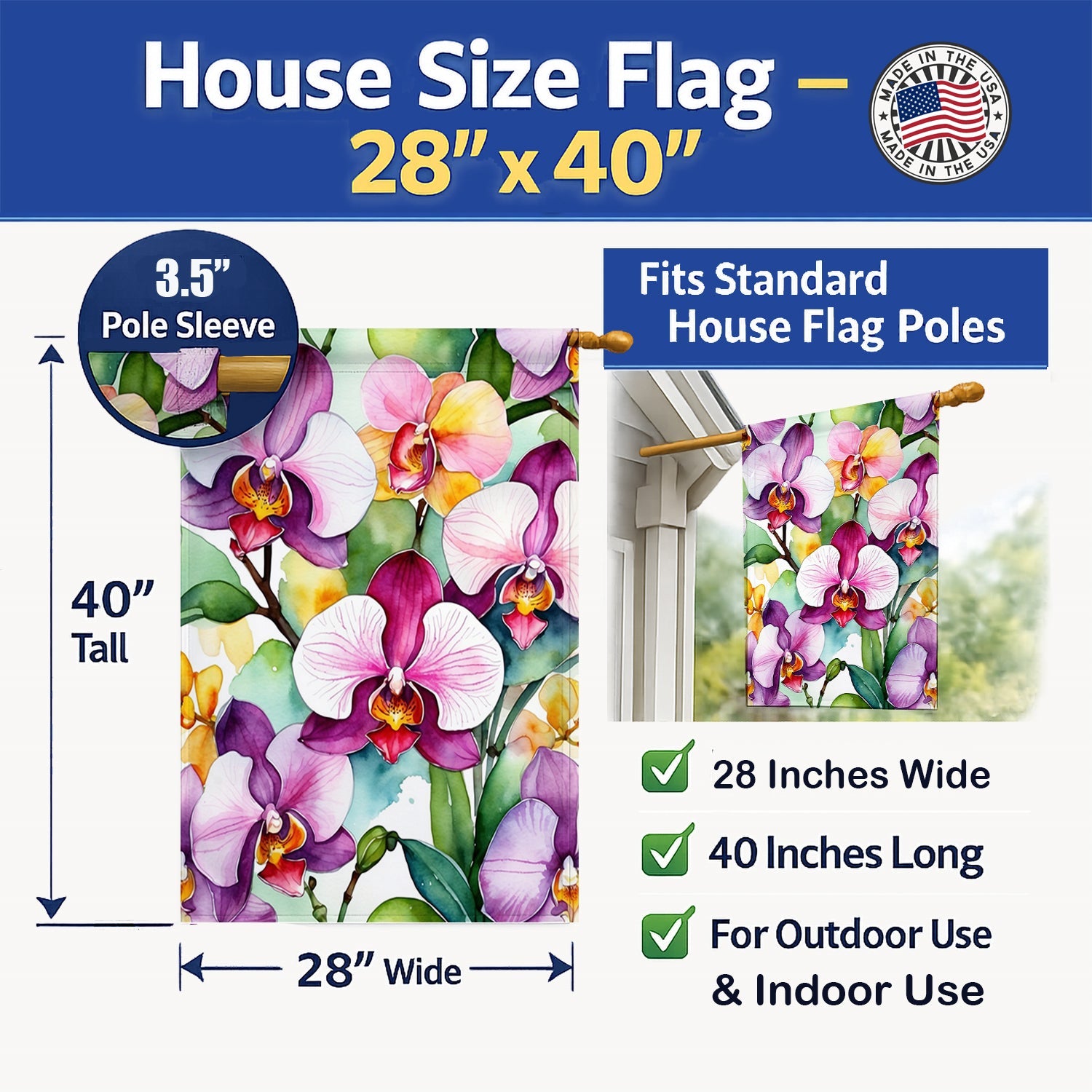 Phalaenopsis Orchids House Flag 28x40 Porch Sleeve Pole Decorative Outside Yard Banner Artwork Wall Hanging, Polyester
