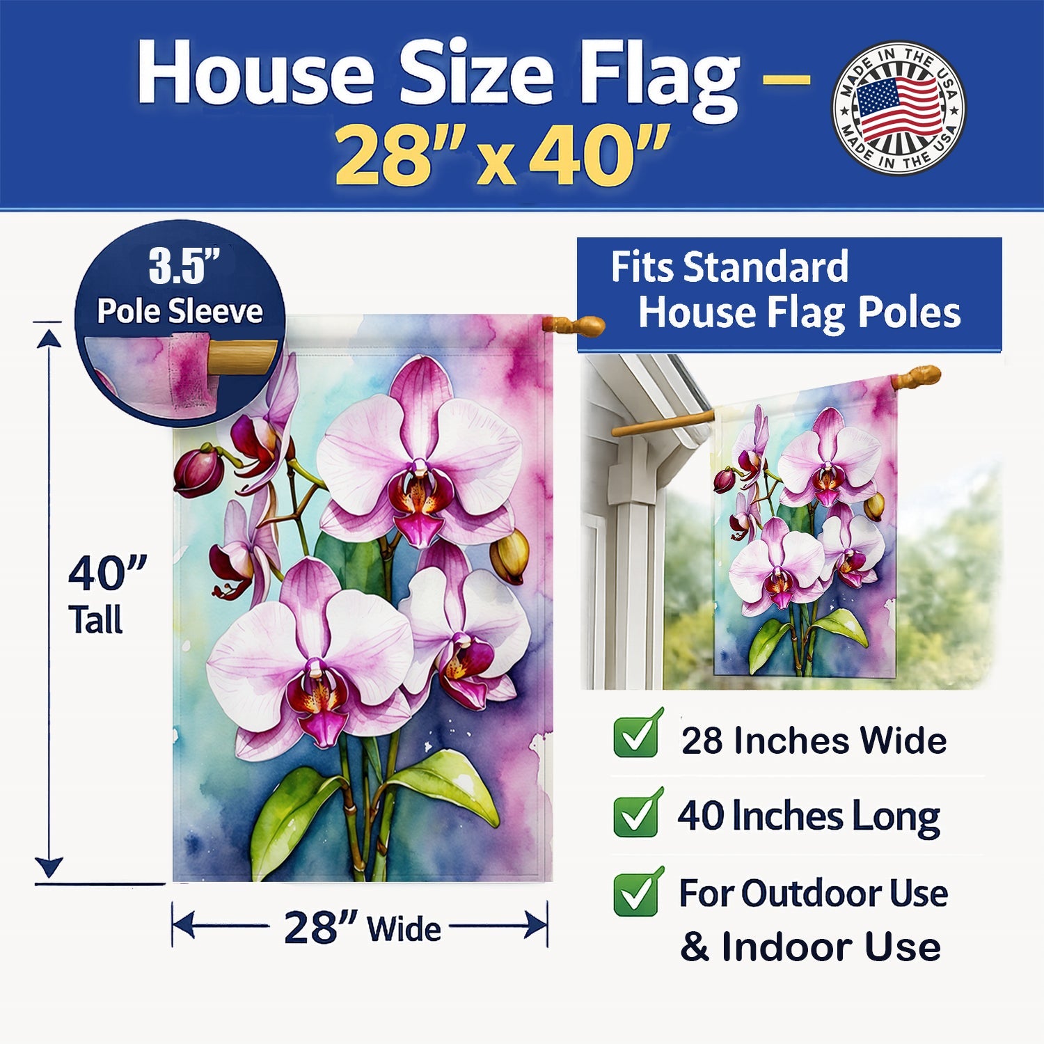 Phalaenopsis Orchids House Flag 28x40 Porch Sleeve Pole Decorative Outside Yard Banner Artwork Wall Hanging, Polyester