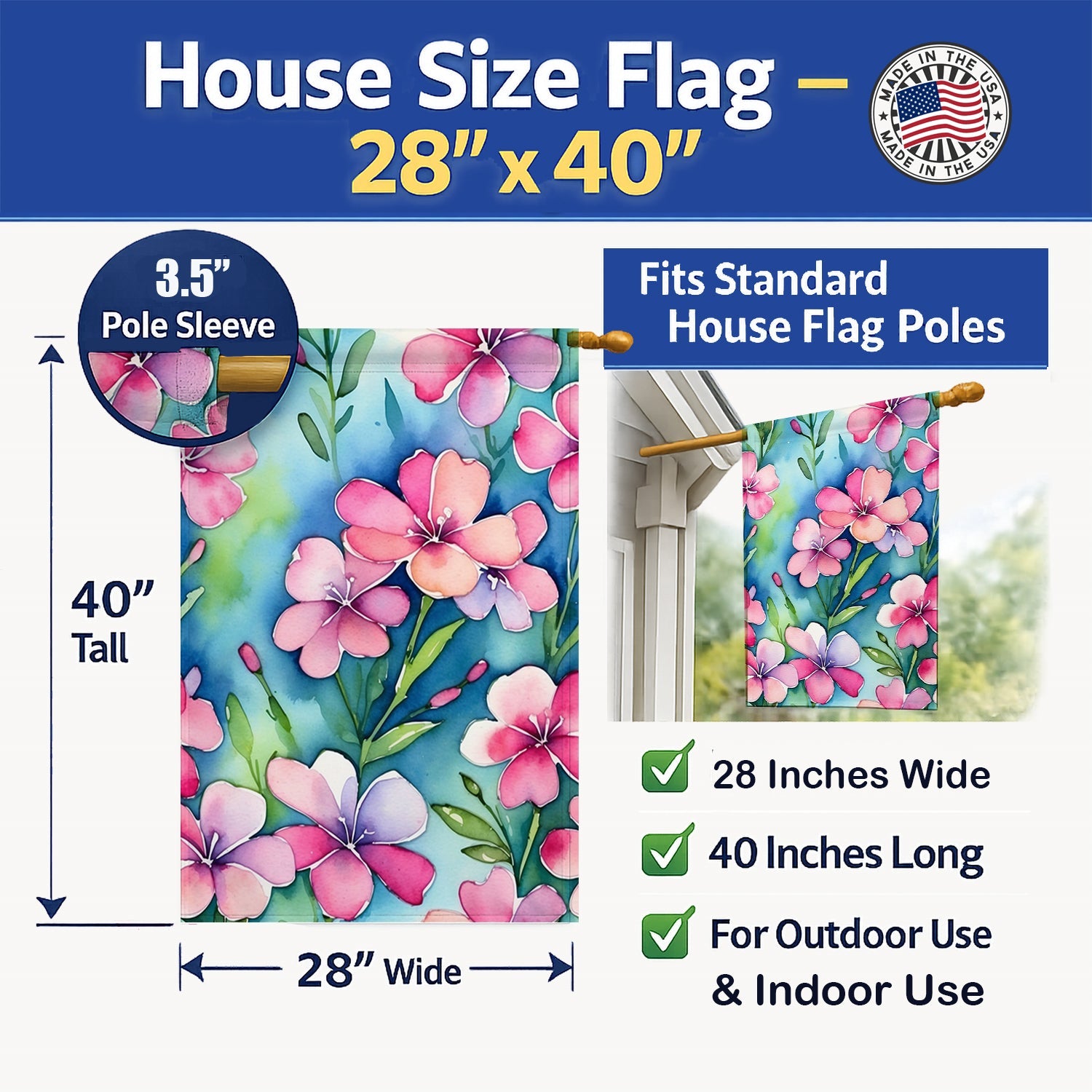 Phlox Flowers House Flag 28x40 Porch Sleeve Pole Decorative Outside Yard Banner Artwork Wall Hanging, Polyester